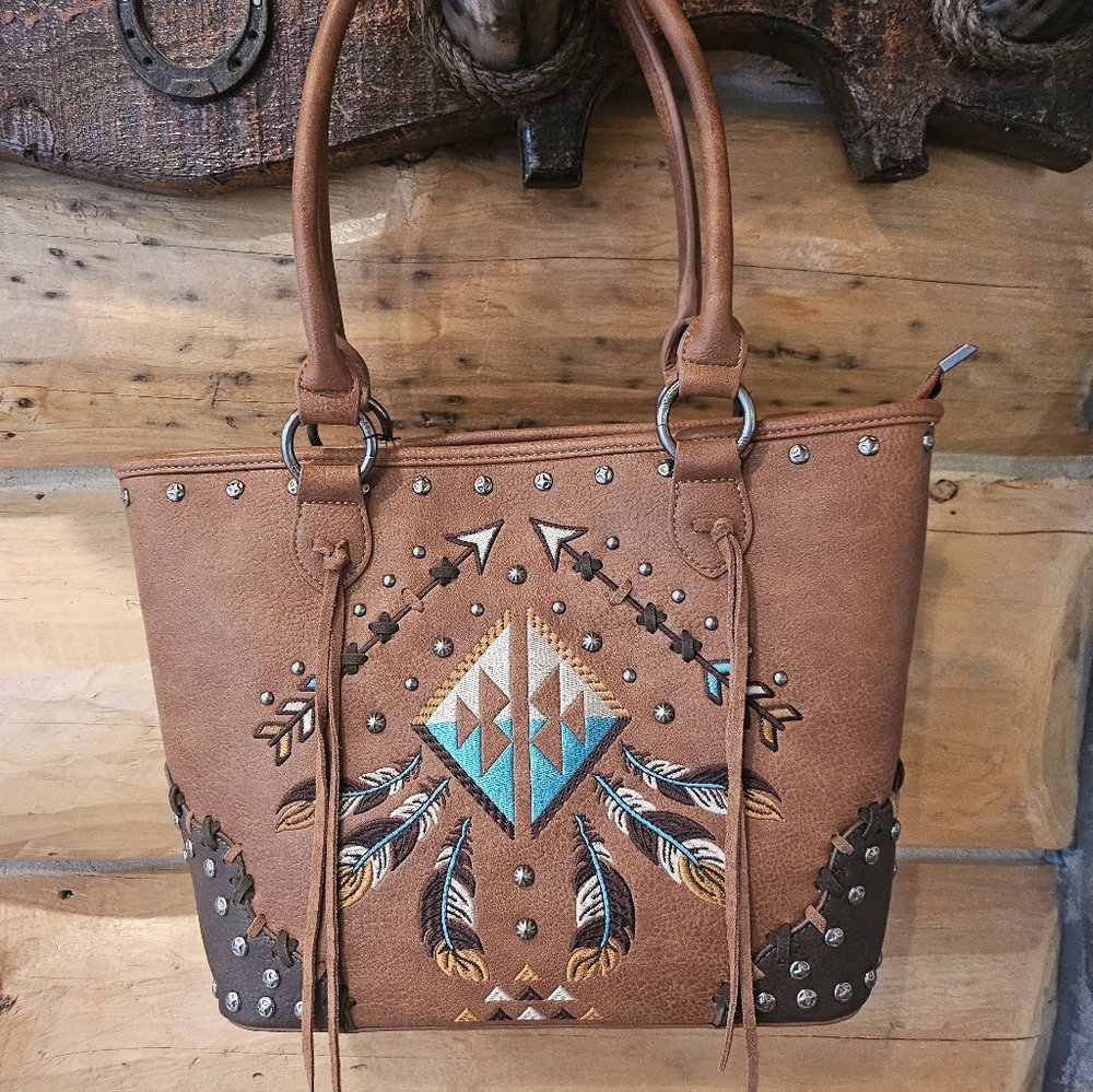Gorgeous, Western Brown Embroidered Tote Bag